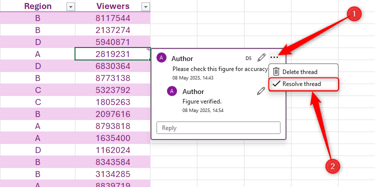 The Resolve Thread button on a comment thread in Excel is selected.