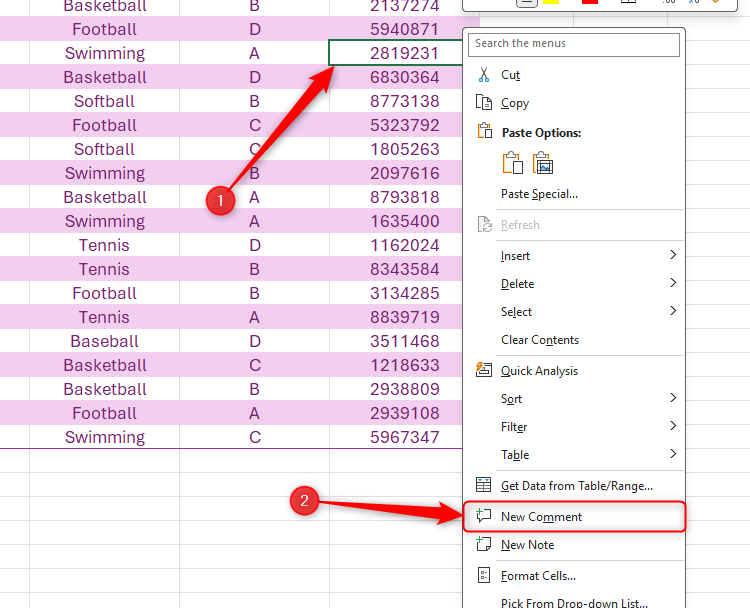 The right-click menu of a cell in Excel is expanded, and New Comment is selected.