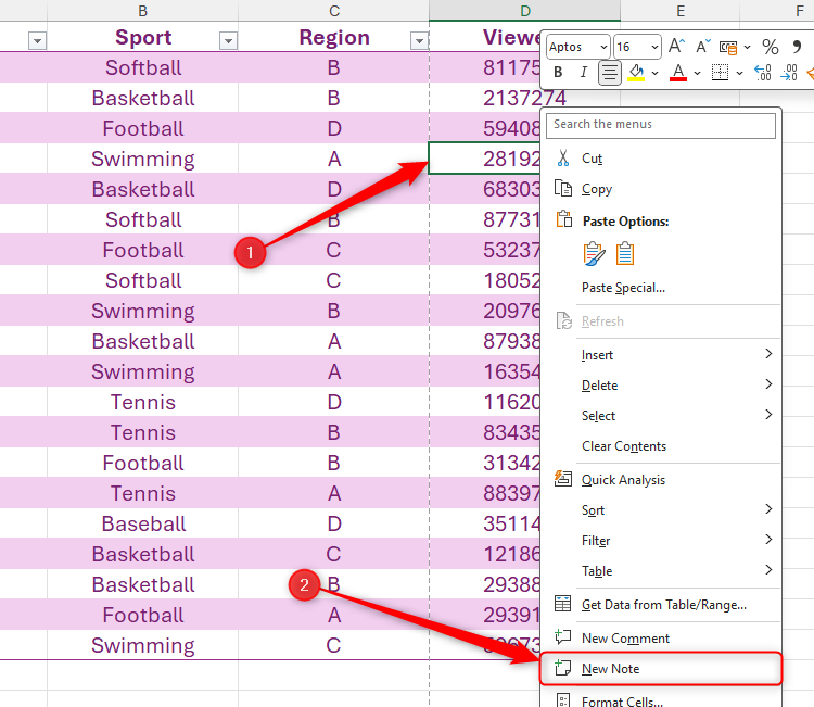 The right-click menu of a cell in Excel is expanded, and New Note is selected.