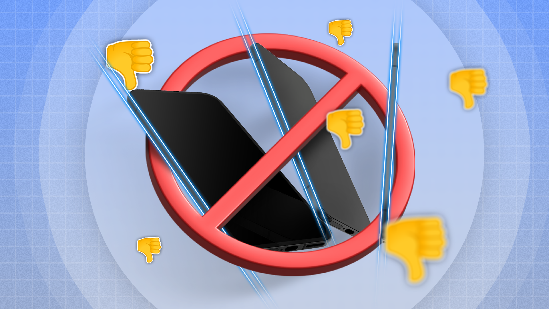 Three thin phones crossed out with thumbs-down icons around them.