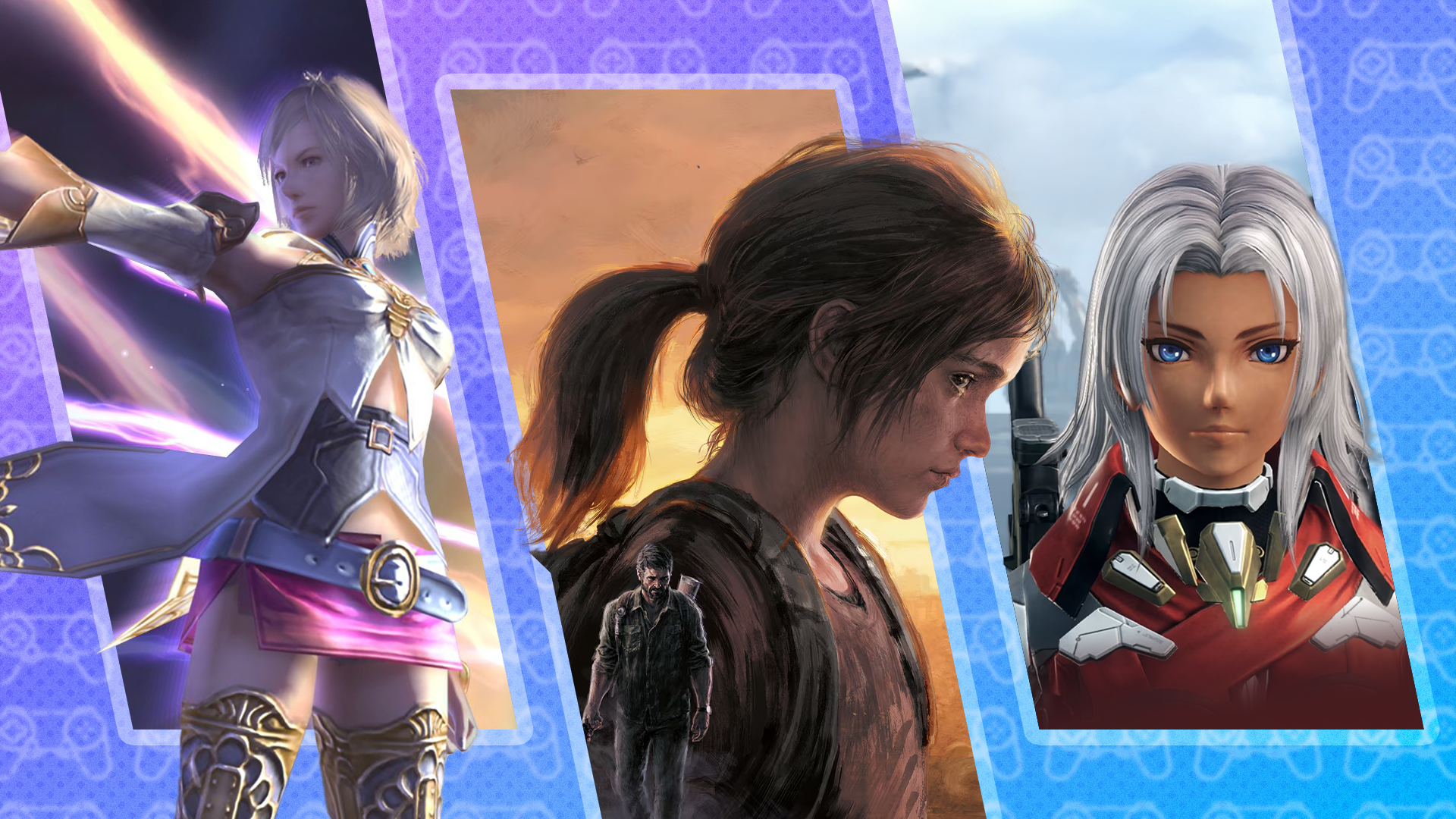 Three video game characters side by side with various blurred video game controller icons in the background.