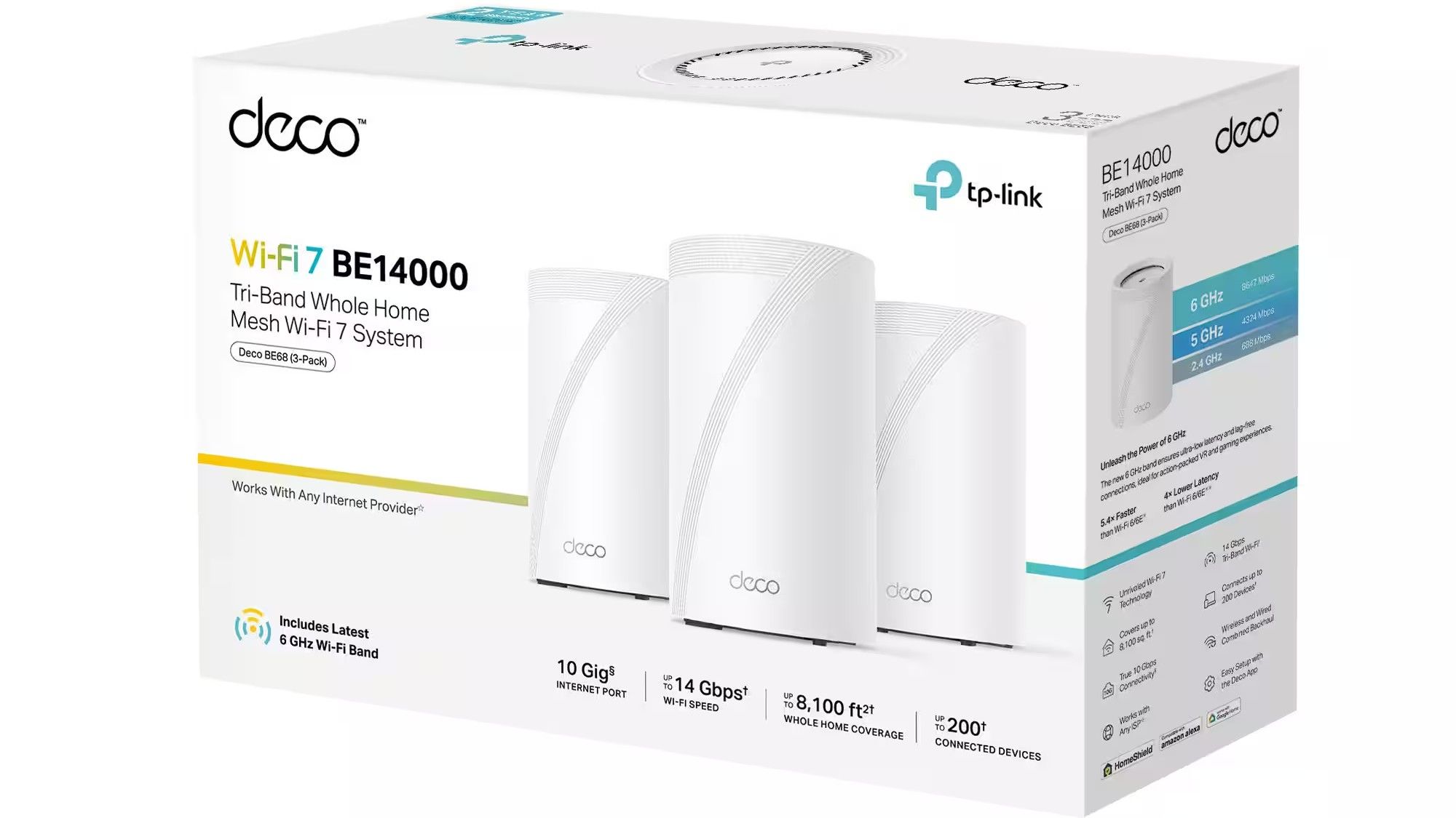 TP-Link Deco BE68 Wi-Fi 7 BE14000 router mesh system box against a white background.