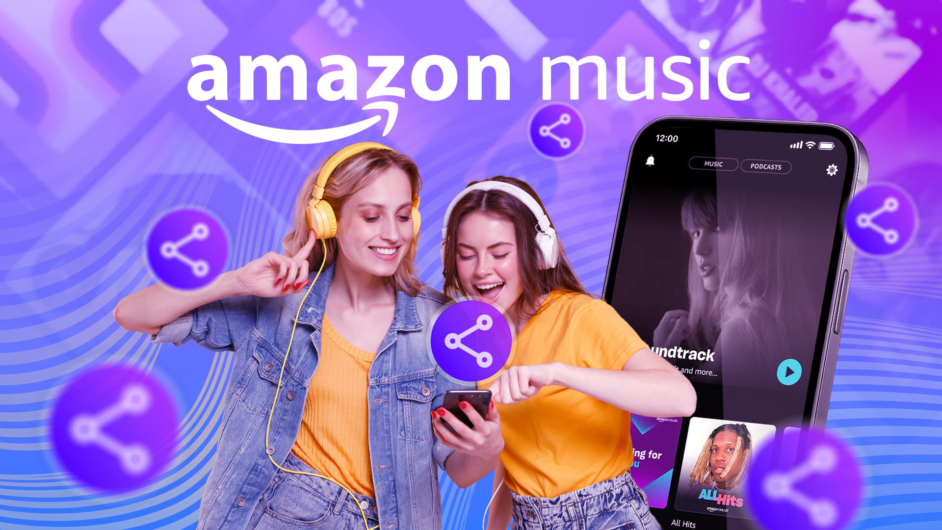 Two happy young women listening to music with a phone beside them, the Amazon Music logo in the background, and share icons around.