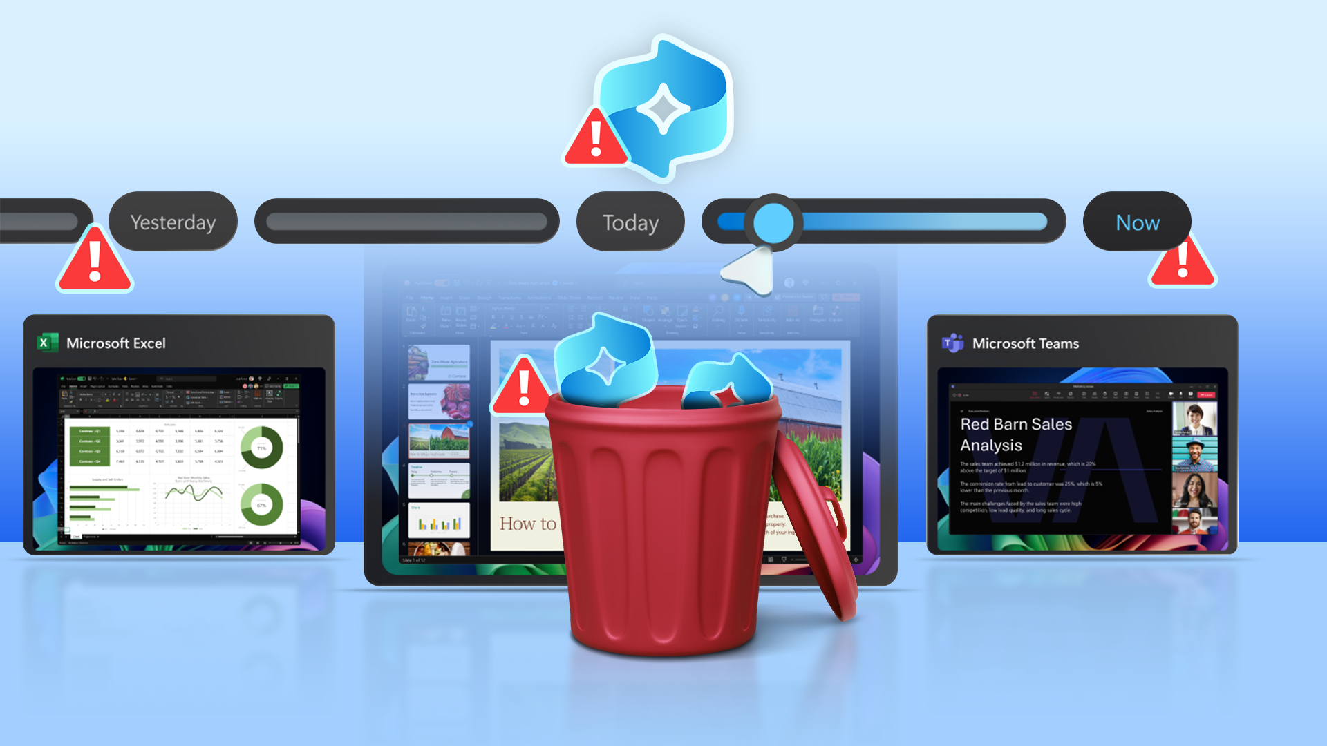 Windows Recall in use, with a trash bin in the center containing the Recall logo.