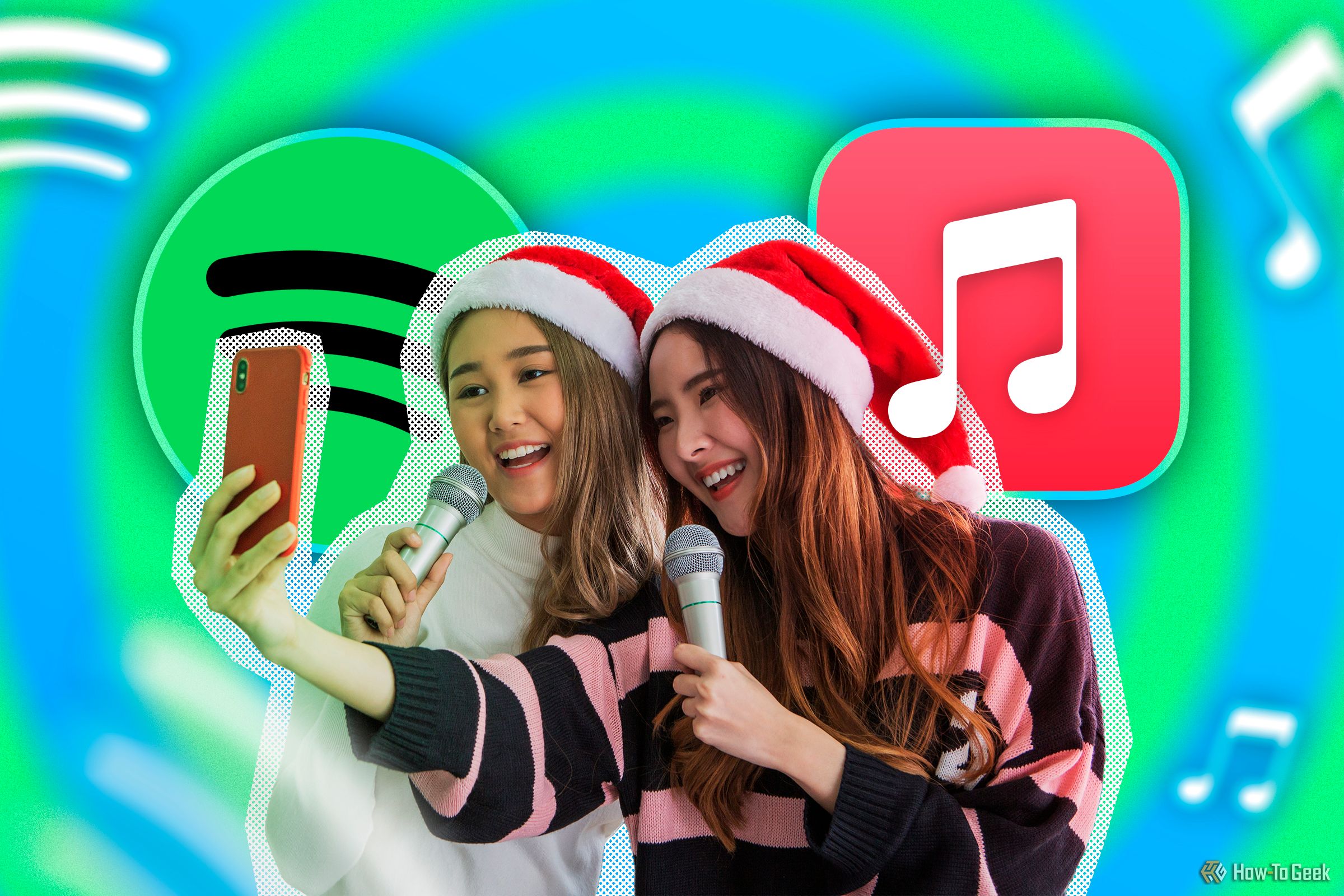 Two girls wearing Christmas hats singing while looking at their cellphones, with the Spotify and Apple Music logos in the background.