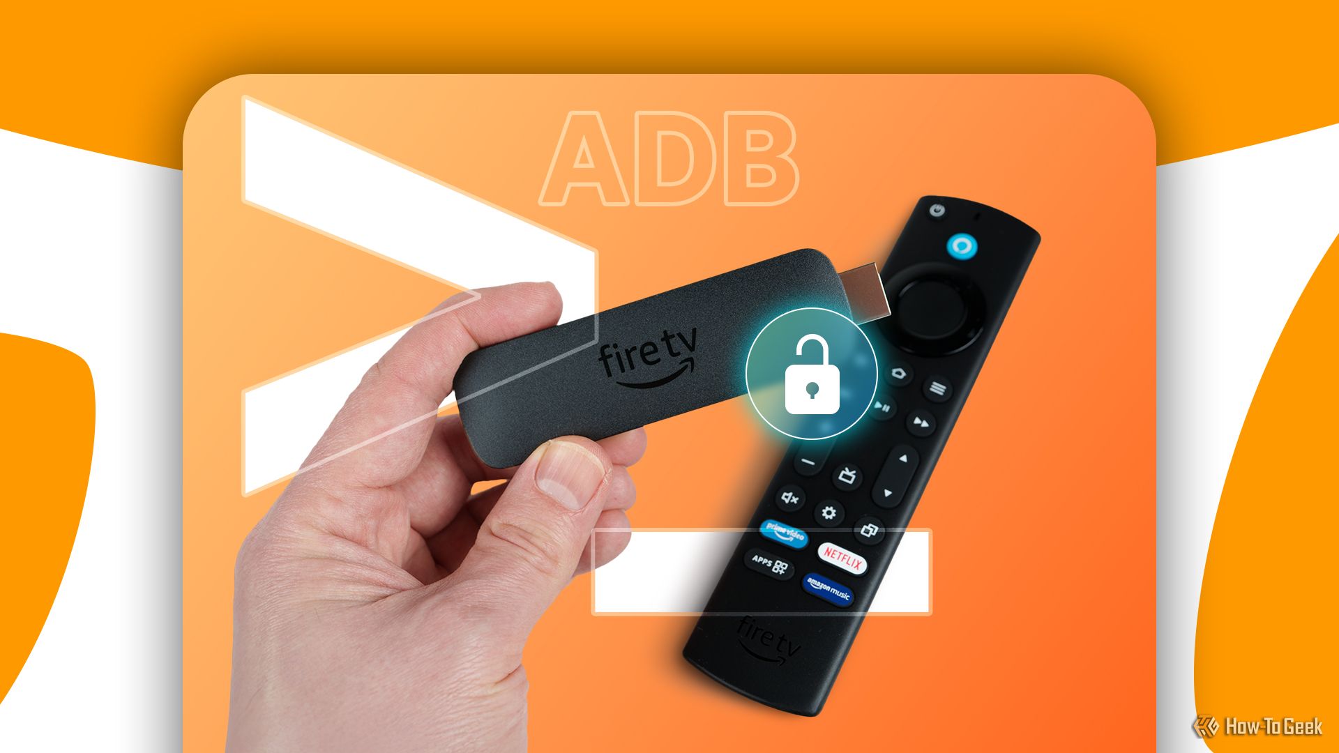 A hand holding a Fire TV Stick with the remote in the background, 'ADB' written above, and an open padlock in the front.