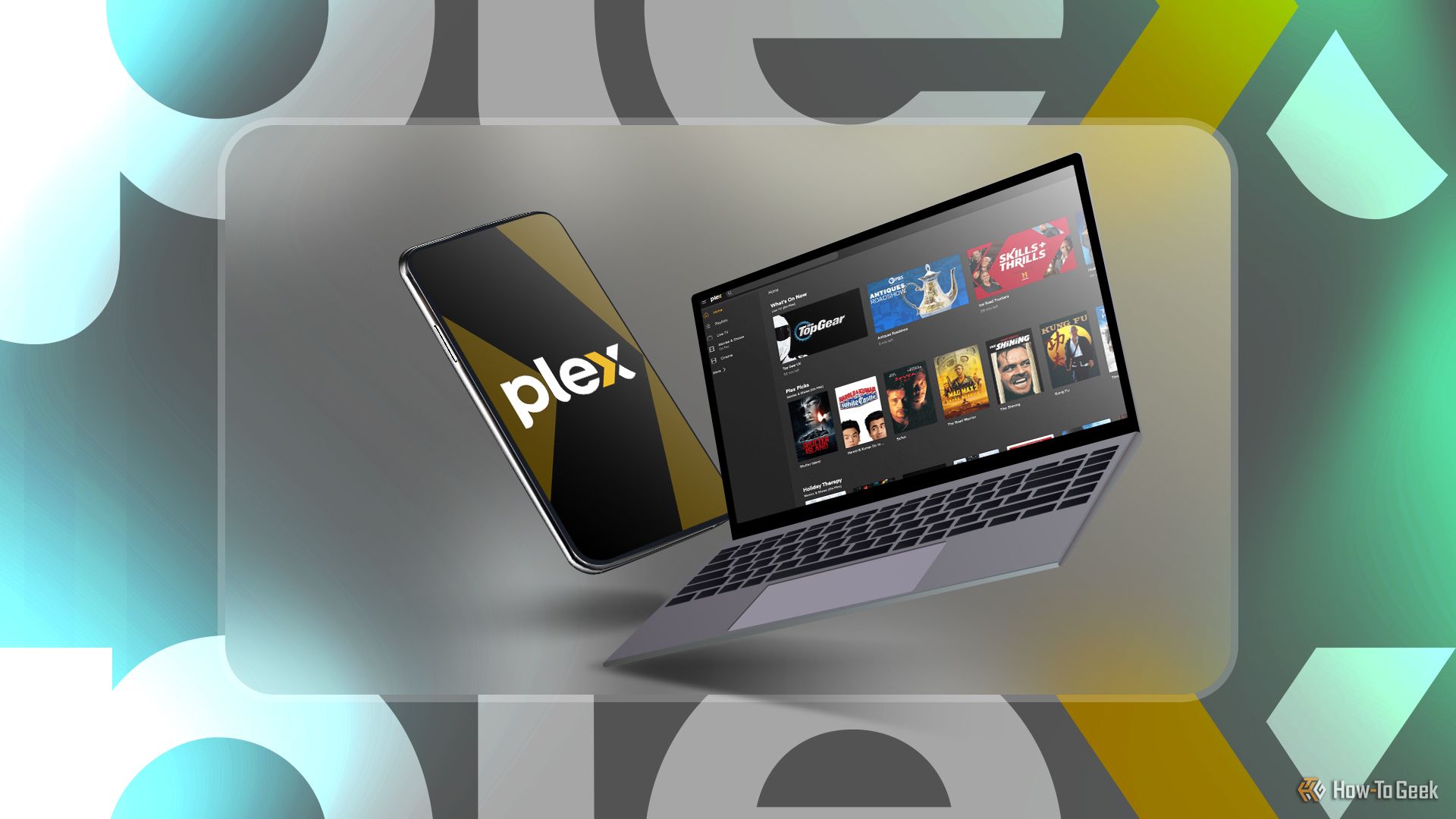 A phone with the Plex logo and a laptop beside it with the Plex home screen.