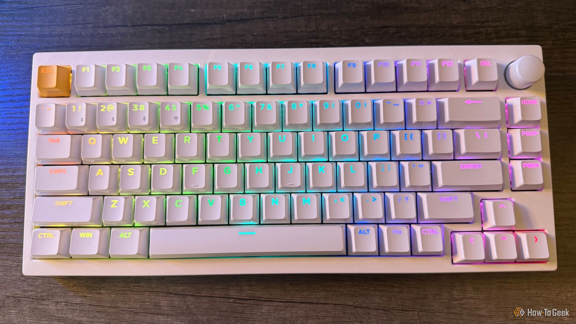 The Lemokey P1 HE from above with RGB turned on.