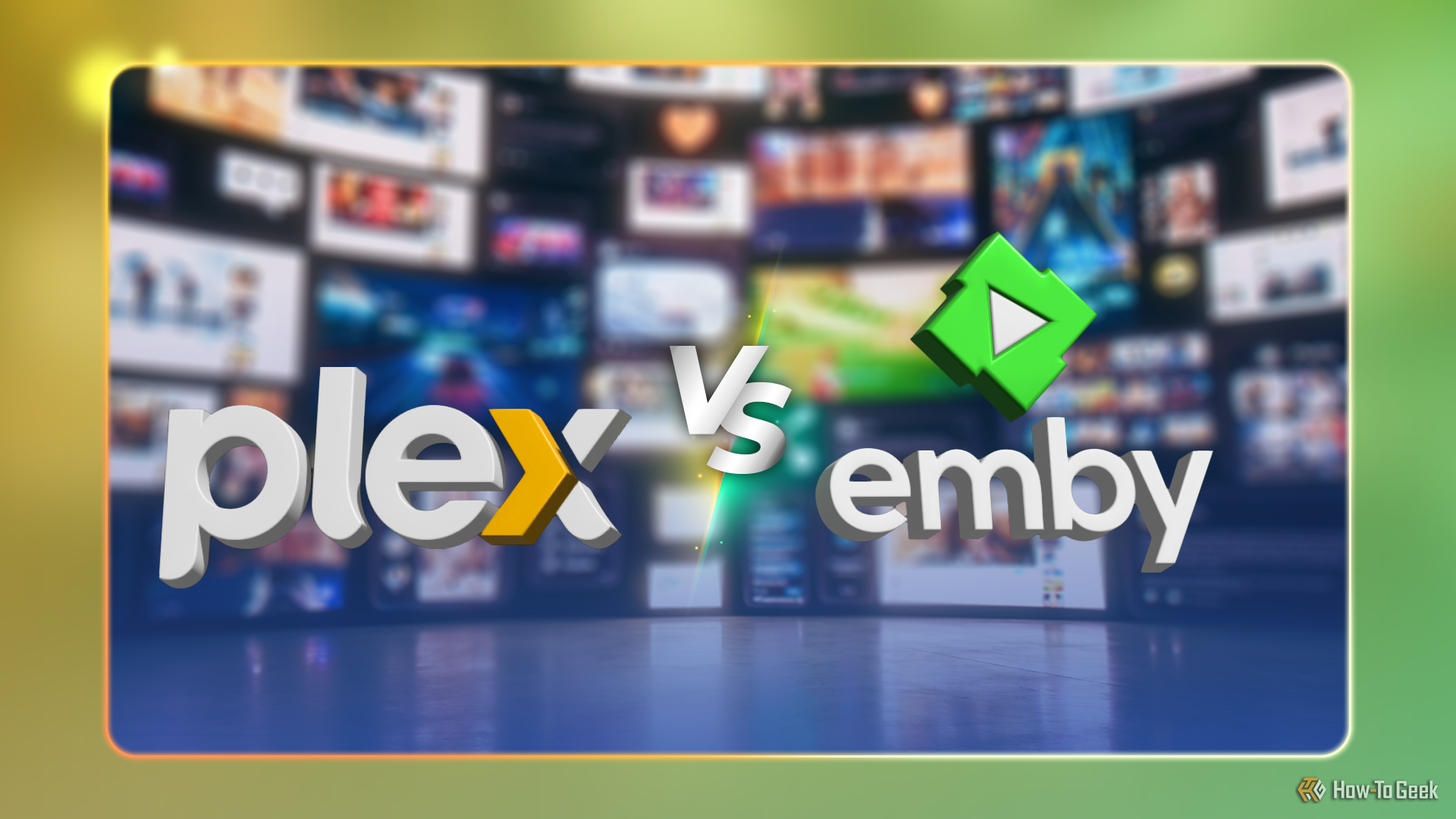 Plex logo and Emby logo, side by side, with 'VS' between them and several blurred screens in the background.
