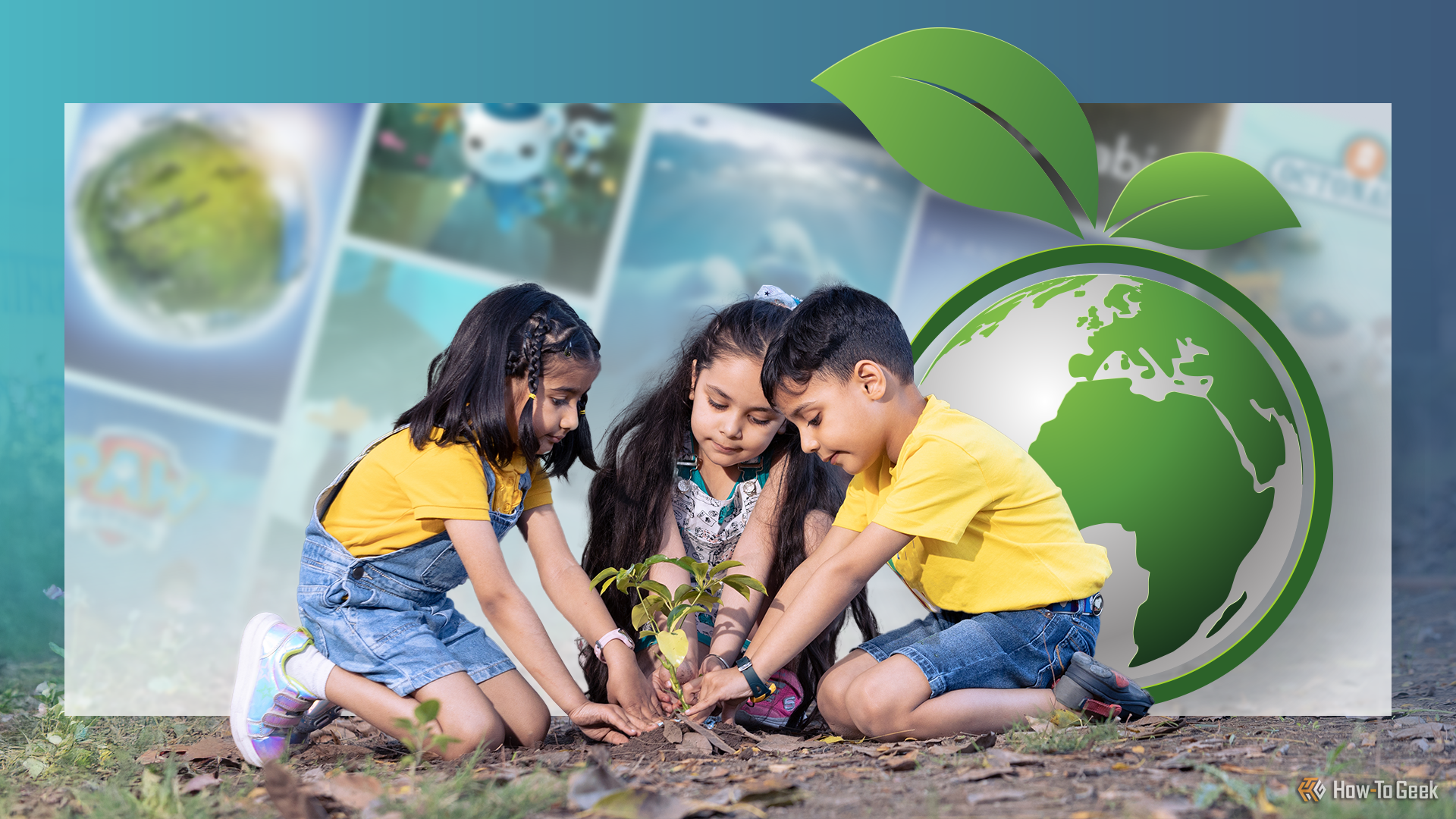 Some children planting a tree, an environmental illustration beside them, and some blurred TV shows in the background.