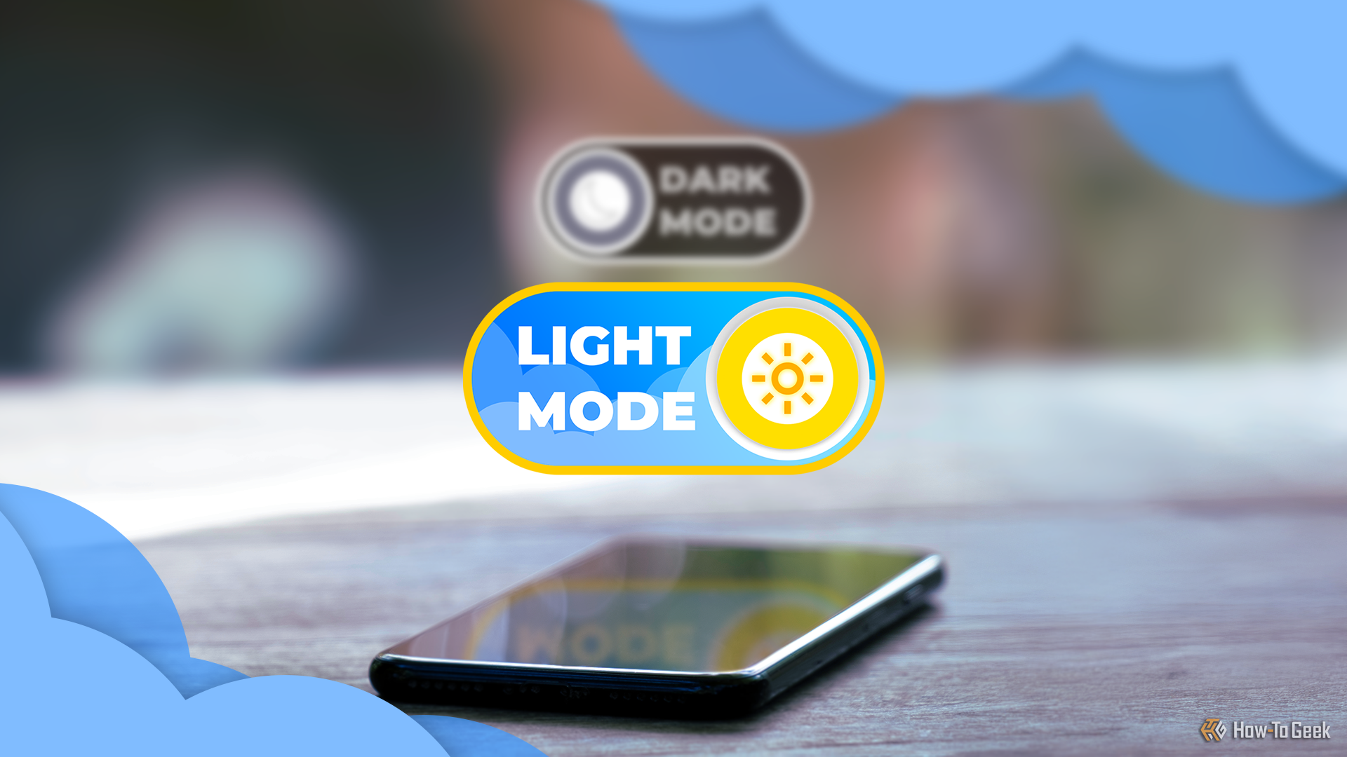 A smartphone with a light mode toggle switch turned on.