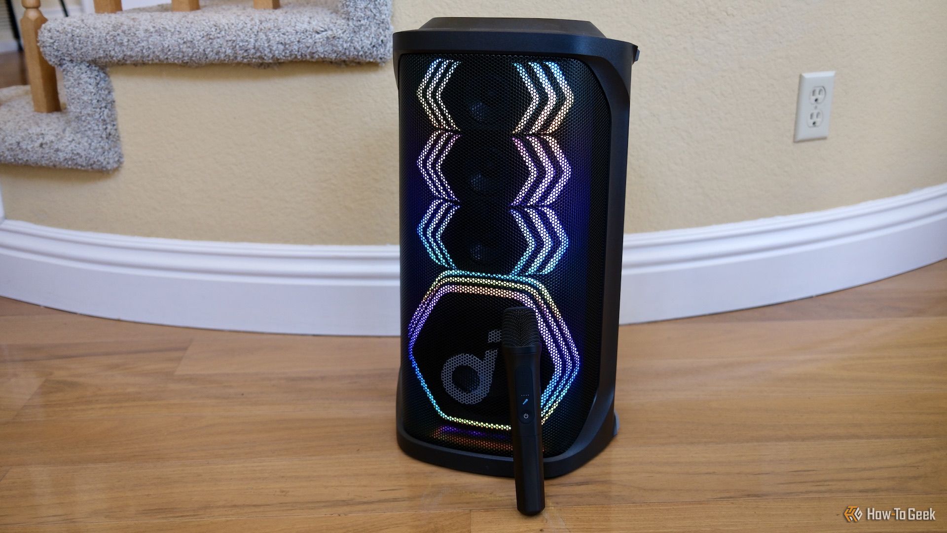 Soundcore Rave 3S speaker lit up with mic.
