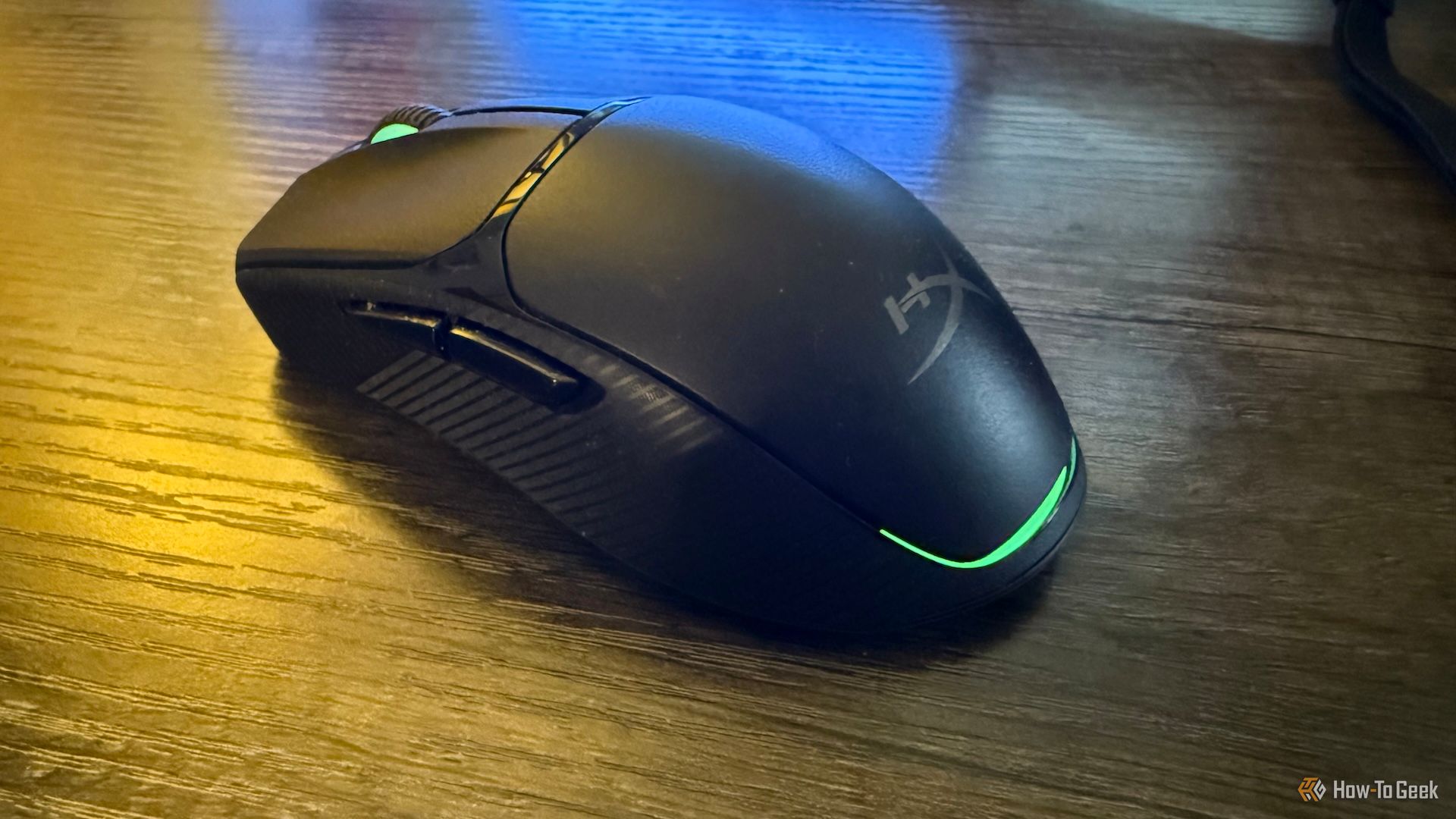 HyperX Pulsefire Fuse on a desk from an angle.