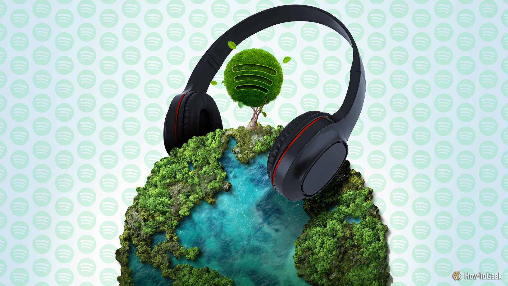 Planet Earth covered with vegetation, a headphone over it, and a tree with the Spotify logo in the center.