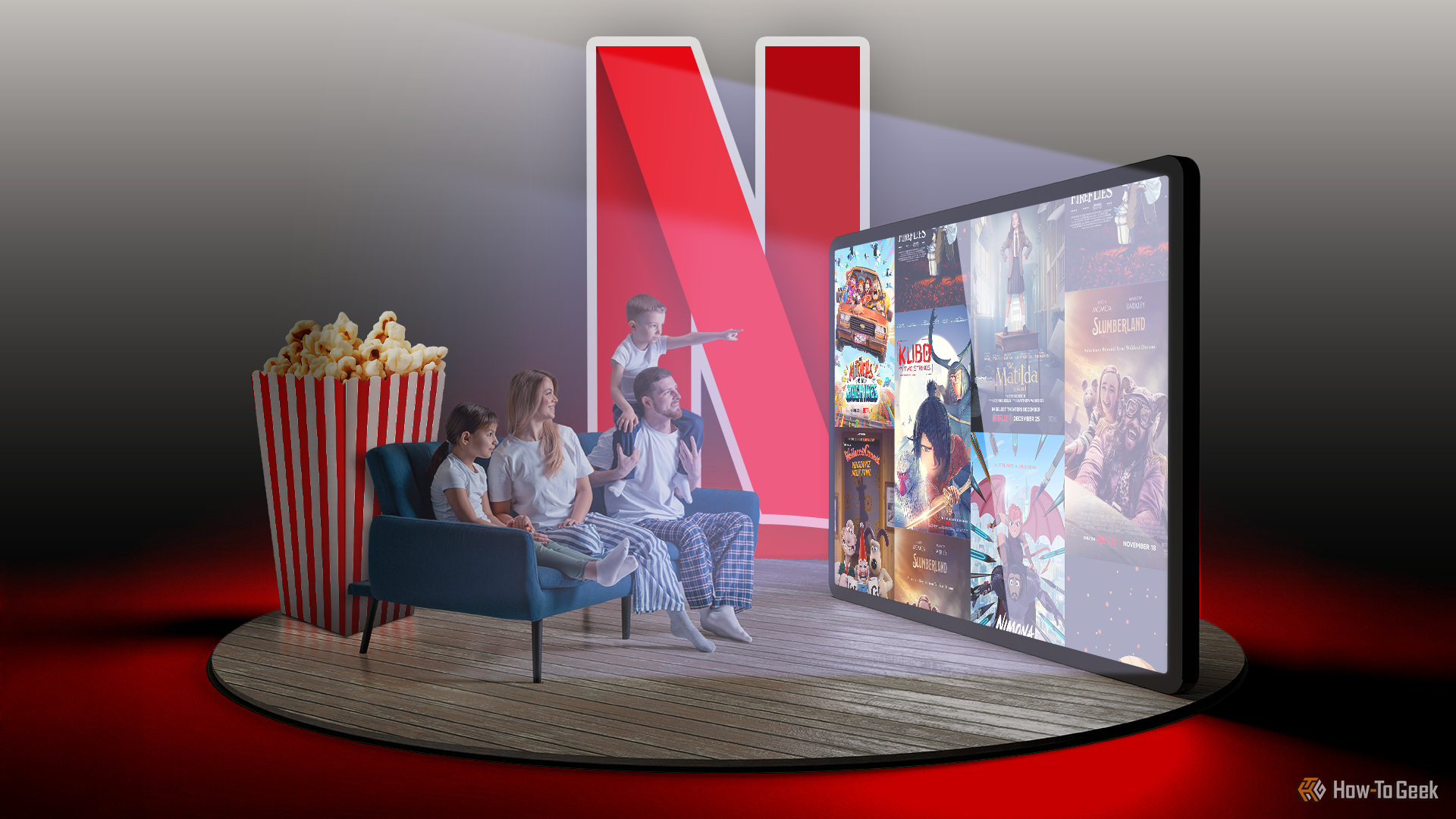 A family watching TV on a couch, a bucket of popcorn behind the couch, and the Netflix logo at the center.