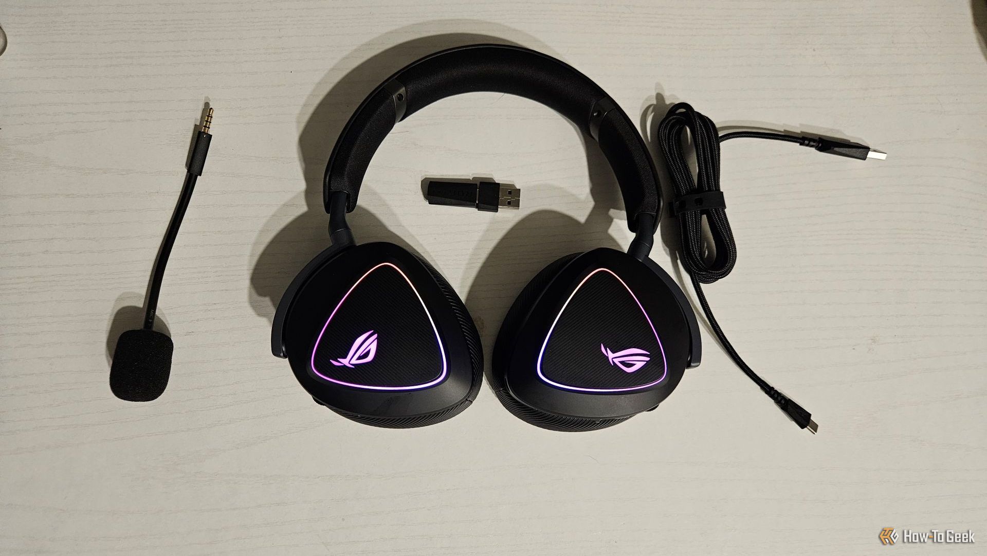 The ASUS ROG Delta II gaming headset and its accessories.