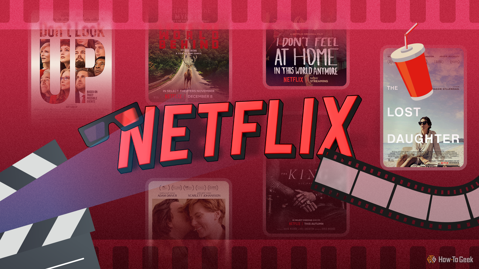 Netflix logo with several movies in the background, and a clapperboard and 3D glasses around it.