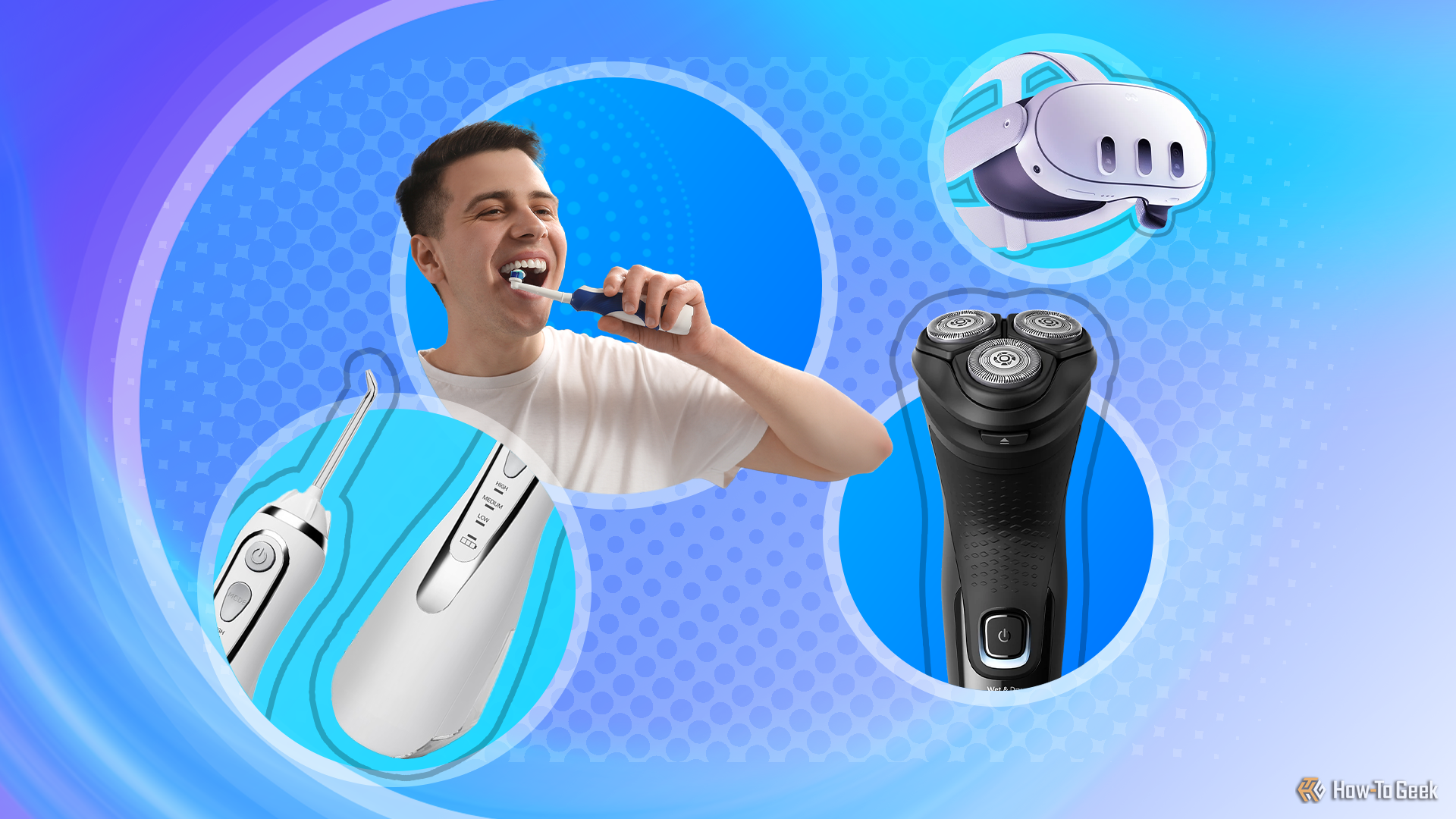 Some self-care gadgets with a man brushing his teeth in the center.