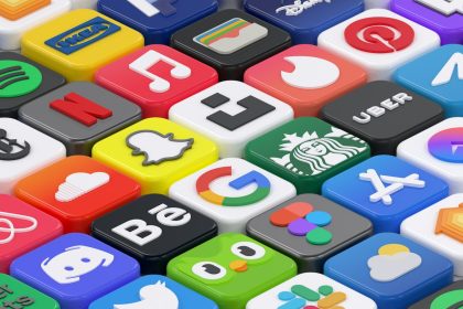 A grid of colorful three-dimensional app icons with various logos on a white surface